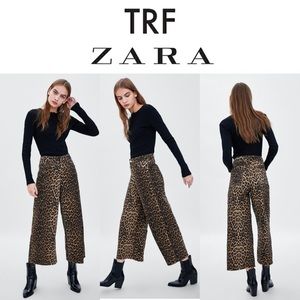 Zara TRF Leopard Print Wide Leg Raw Hem Cropped Jeans